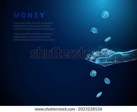 Abstract blue giving hand full of coins and falling down coins. Low poly style design. Finance concept. Modern 3d graphic geometric background. Wireframe light connection structure Vector illustration