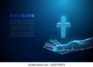 Abstract blue giving hand holds cross. Low poly style design. Religious Christian concept. Modern 3d graphic geometric background. Wireframe light connection structure. Isolated vector illustration.