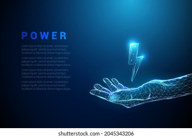 Abstract blue giving hand with lightning. Low poly style design. Modern 3d graphic geometric background. Wireframe light connection structure. Isolated vector illustration.