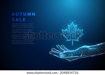 Abstract blue giving hand with maple leaf. Hello autumn concept. Low poly style design.  Modern 3d graphic geometric background. Wireframe light connection structure. Isolated vector illustration.
