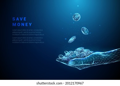 Abstract blue giving hand with pile of coins and coins falling in it. Low poly style design. Modern 3d graphic geometric background. Wireframe light connection structure. Isolated vector illustration.