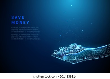 Abstract blue giving hand with pile of coins. Low poly style design. Modern 3d graphic geometric background. Wireframe light connection structure. Isolated vector illustration.