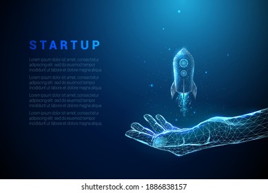 Abstract blue giving hand with rocket launch. Low poly style design. Hello winter concept. Modern 3d graphic geometric background. Wireframe light connection structure. Isolated vector illustration.