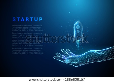 Abstract blue giving hand with rocket launch. Low poly style design. Hello winter concept. Modern 3d graphic geometric background. Wireframe light connection structure. Isolated vector illustration.