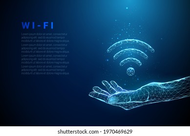Abstract blue giving hand with wi-fi symbol. Free internet access concept. Low poly style design. Modern 3d graphic geometric background. Wireframe light connection structure. Vector illustration.