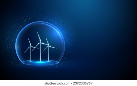 Abstract blue glass dome with wind turbines inside. Renewable power generation Green energy concept. Alternative source of energy Low poly style Wireframe connection structure Modern 3d graphic Vector