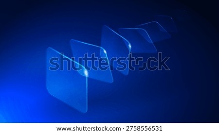 Abstract blue glass shapes in perspective. Modern technology background, transparent elements, light reflections. Futuristic design for digital data flow, business innovation. Dynamic motion concept