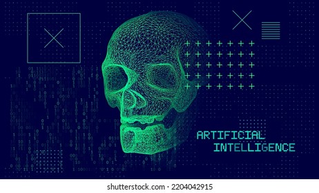 Resumen de fondo de tecnología brillante azul con código binario y cráneo 3D. Inteligencia Artificial, Aprendizaje Profundo, Hacking, Virus Informáticos, Ransomware, Malware Concept. Ilustración vectorial.