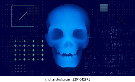 Abstract Blue Glitched Technology Background with Binary Code and 3D Skull. Artificial Intelligence, Deep Learning, Hacking, Computer Virus, Ransomware, Malware Concept. Vector Illustration.