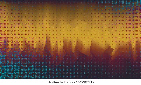 Abstract blue glittering dotted horizontal background with wavy shiny orange element. Pop art retro night city with lights and dramatic sunset texture for wallpaper, banner or presentation design