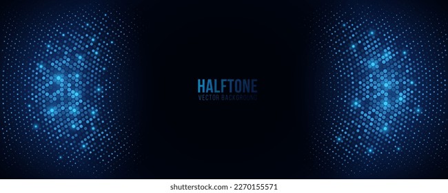 Abstract blue glittering halftone background for your design. Glowing dots circle. Festive round frame for graphic design. Retro background. Vector illustration. EPS 10.