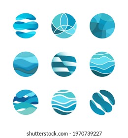 Abstract blue global business logo with wavy lines in circle,pictogram sea waves,badge ocean,water aqua flow,design template vector icon.Sign digital innovation technology,symbol hotel,cruise travel