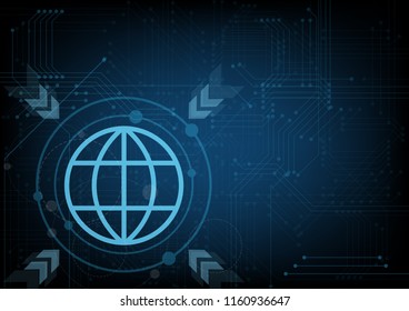 Abstract blue global digital technology computer background with arrows and circuit board, Vector illustration
