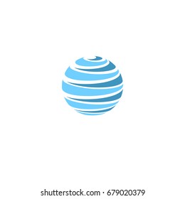 Abstract blue global planet stripped vector logos template. Rotating blue strips, circular planet in motion around its axis. Miscellaneous universal isolated logo.