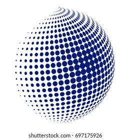  Abstract Blue globe dotted sphere, 3d halftone dot effect. Blue color, in black background. Vector illustration. It can use as logo, icon. Earth shape.