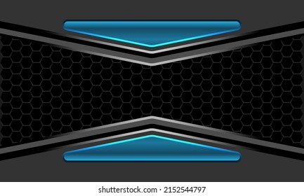 Abstract blue glossy button triangle dark grey metallic arrow direction black hexagon mesh design modern futuristic technology background vector illustration.