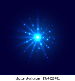 Abstract blue glow light burst explosion with magic bright sparkle center and glitters around on dark background. Vector illustration