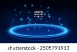 Abstract Blue Glow Neon Light Ring Pedestal Podium with Light Particles. Vector Illustration Product Display Mockup. Futuristic Scene. Stage Showcase.