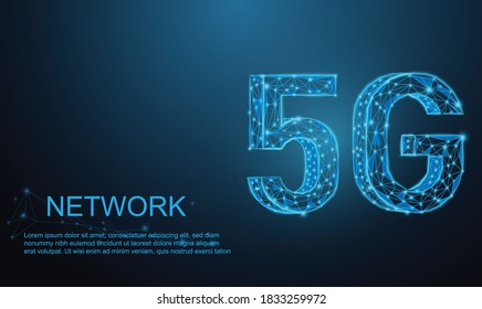 Abstract blue glowing 5G High-Speed network wireless internet connection. communication network concept backdrop. Low polygon, particle, and triangle style design.Wireframe light connection structure.