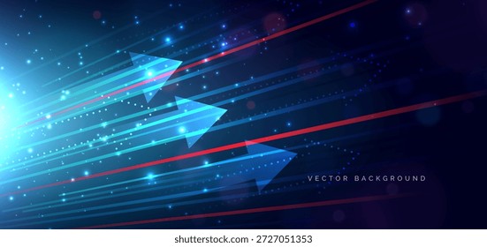 Abstractas líneas de flecha brillantes azules con decoración bokeh y brillo sobre fondo oscuro. Ilustración vectorial
