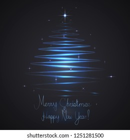 Abstract blue glowing christmas tree on black background