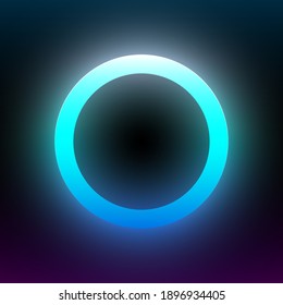 Abstract blue glowing circle. Geometric round shape with vibrant gradient. Design element for poster, banner, flyer, card, etc. Dark background. Vector