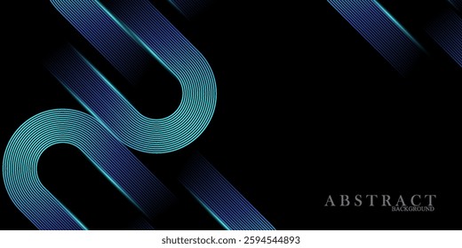 Abstract blue glowing circle lines on black background. Shiny blue rounded lines. Retro style. Geometric stripe line art design. Modern futuristic concept. Vector illustration