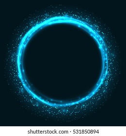 Abstract blue glowing circle vector background. Light round frame with copy space.