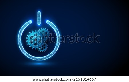 Abstract blue glowing cogwheels in power button. Automation work concept. Low poly style design. Geometric background. Wireframe light connection structure. Modern 3d graphic. Vector illustration.