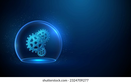 Abstract blue glowing cogwheels in transparent glass dome. Automation work concept. Low poly style design. Geometric background. Wireframe light connection structure. Modern 3d graphic. Vector.