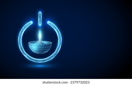 Abstract blue glowing Diwali lamp in power button. Diwali festival concept. Low poly style design. Geometric background. Wireframe light connection structure. Modern graphic. Vector