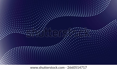 Abstract blue glowing energy waves from dotted line particles on dark background.