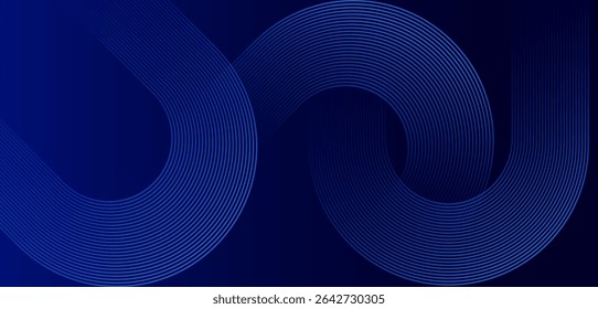 Líneas redondeadas diagonales geométricas brillantes azules Abstractas sobre fondo azul oscuro degradado . Líneas azules brillantes modernas de la curva. Concepto futurista de la tecnología. Traje para curva, telón de fondo, Anuncio, Plantillas.