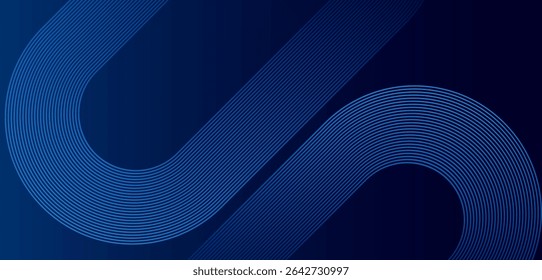 Abstract blue glowing geometric diagonal rounded lines on dark blue gradient background . Modern shiny blue curve lines.Futuristic technology concept . Suit for curve, backdrop, banner, templates.
