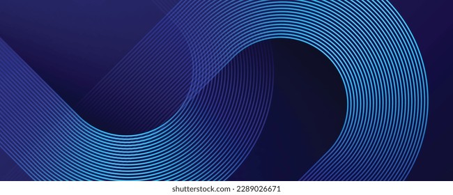 Abstract blue glowing geometric lines on dark blue background. Modern shiny blue diagonal rounded lines pattern. Futuristic technology concept. Vector illustration