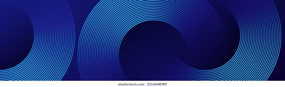 Abstract blue glowing geometric lines on dark blue background. Modern shiny blue circle lines pattern. Futuristic technology concept. Suit for cover, poster, banner, brochure, header, website