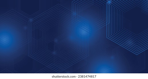 Abstrakte blaue, leuchtende geometrische Linien auf dunkelblauem Hintergrund. Modernes, glänzendes, blaues Sechseck-Muster. Geometrisches Stripe Line Art Design. 