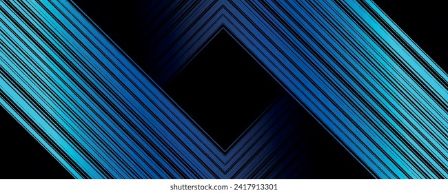 Abstract blue glowing geometric lines on dark background. Modern shiny blue rectangular lines pattern. Futuristic technology concept.