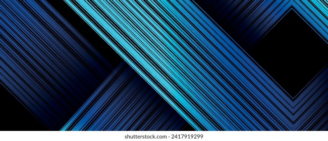 Abstract blue glowing geometric lines on dark background. Modern shiny blue rectangular lines pattern. Futuristic technology concept.