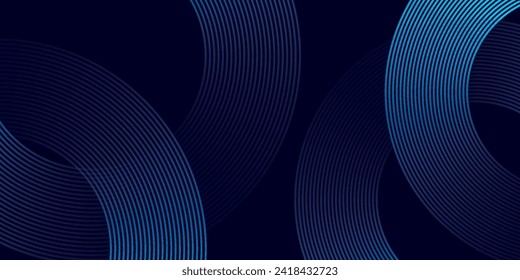 Abstract blue glowing geometric lines on dark blue background. Modern shiny blue circle lines pattern. Futuristic technology concept. Suit for cover, poster, banner, header, website