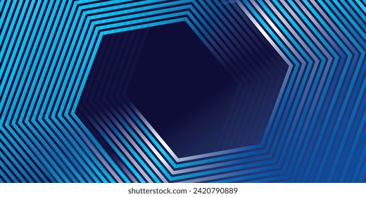 Abstract blue glowing geometric lines on dark blue background. Modern shiny blue hexagon lines pattern. Geometric stripe line art design. Technology futuristic concept.