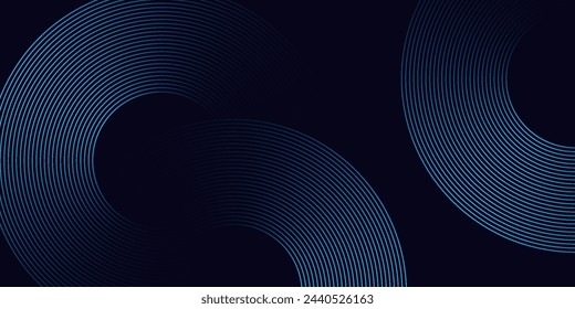 Líneas geométricas brillantes de azul abstracto sobre fondo azul oscuro. Patrón moderno de líneas de círculo azul brillante. Concepto de tecnología futurista. Traje para la cubierta, póster, banner, folleto, encabezado, sitio web