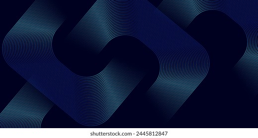 Abstract blue glowing geometric lines on dark background. Modern shiny blue rounded square lines pattern. Futuristic technology concept.