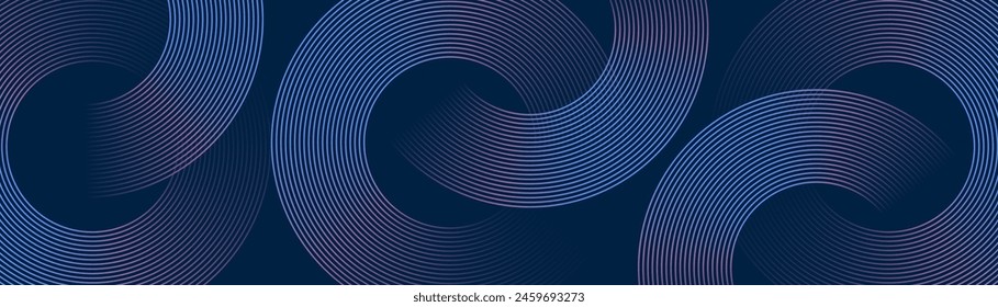 Abstract blue glowing geometric lines on dark blue background. Modern shiny blue circle lines pattern. Futuristic technology concept. Suit for cover, poster, banner, brochure, header, website