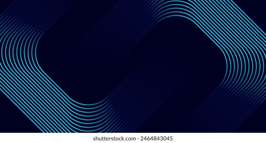 Abstrakte blau leuchtende geometrische Linien auf dunklem Hintergrund. Moderne glänzend blaue abgerundete quadratische Linien Muster. Futuristisches Technologiekonzept.