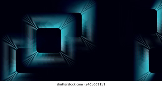 Abstract blue glowing geometric lines on dark background. Modern shiny blue rounded square lines pattern. Futuristic technology concept.	