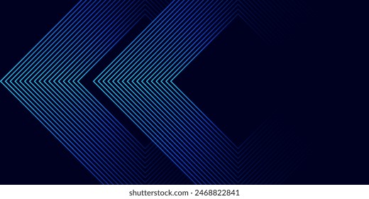Abstract blue glowing geometric lines on dark background. Modern shiny blue rounded square lines pattern. Futuristic technology concept.