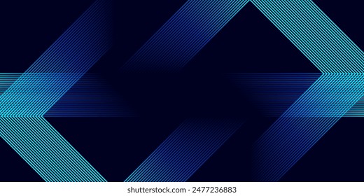 Abstract blue glowing geometric lines on dark background. Modern shiny blue rounded square lines pattern. Futuristic technology concept.