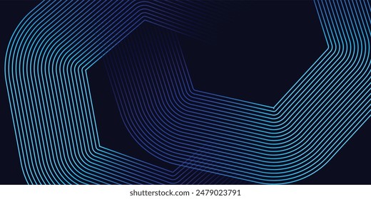 Abstractas azul brillante líneas geométricas sobre fondo oscuro. Concepto de tecnología futurista. Diseño moderno de líneas cuadradas redondeadas azules brillantes.