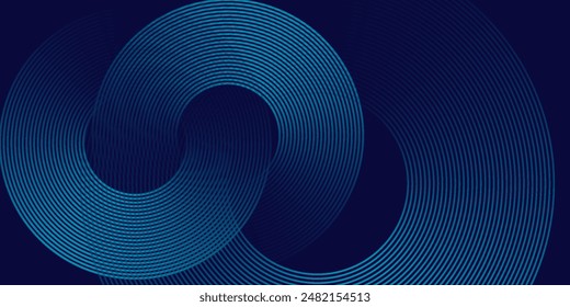 Abstract blue glowing geometric lines on dark blue background. Modern shiny blue circle lines pattern. Futuristic technology concept. Suit for cover, poster, banner,modern line